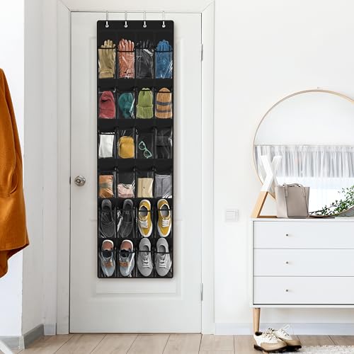 24 Pockets Clear Over the Door Shoe Organizer (Large Pockets / Black)