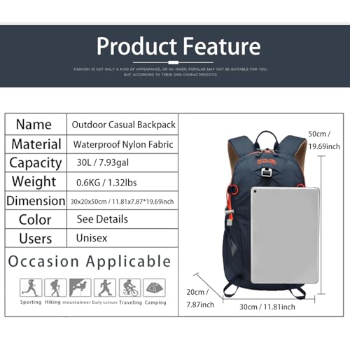Hiking Backpack 30L Foldable Travel Daypack For Women Men (Navy Blue / 30L)