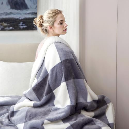 Sherpa Blanket Fleece Throw Blanket Full Queen Plaid Thick Bed Blanket (Grey Checkered / 80"*90")