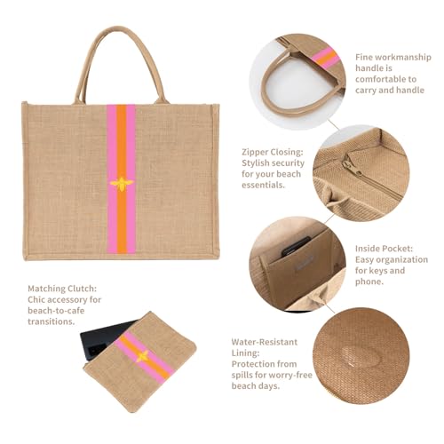 Large Beach Bag Jute Woven Pink and Orange. Pool and beach bags for women (Pink and Orange)