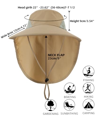 Outdoor UPF50+ Sun Hat Wide Brim Mesh Fishing Hat with Neck Flap (Large-X-Large / Khaki)