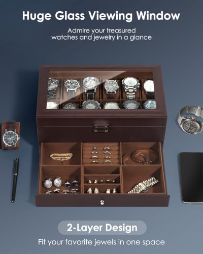 Mens Watch Box Jewelry Organizer (Espresso / 12-slot)