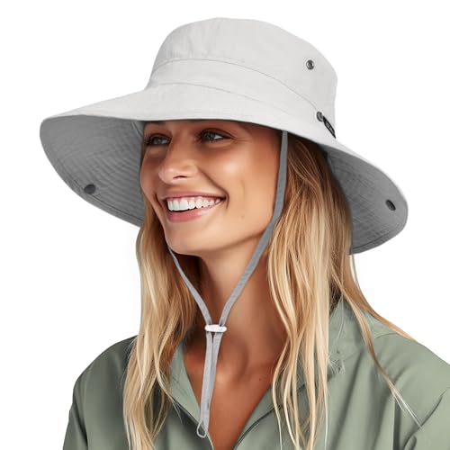 Sun Hats for Women Ponytail Wide Brim Summer Packable Cowboy Hat (One Size / Light Grey)