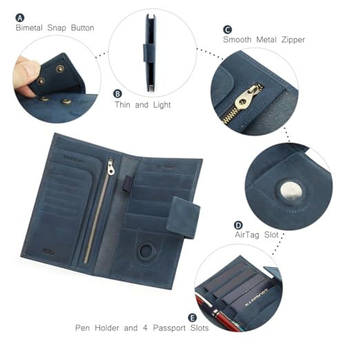 Full Grain Leather Family Passport Holder for 4 RFID Blocking Passport Wallet Compatible with Airtag Passport Cover with 4 Passport Slot (Blue)