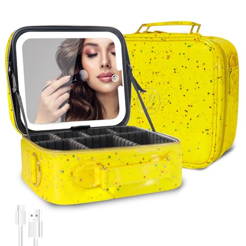 Travel Makeup Bag Cosmetic Bag with Lighted Mirror (Yellow / Medium)