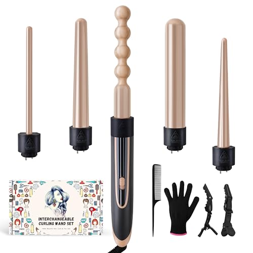 Curling Wand 5 in 1 Hair Curlers Iron Set with 5 Interchangeable Ceramic Tourmaline Barrel for Long Short Hair Styles Curling Irons Set Fast Heating Hair Cripmer for Women Gift (Champagne Gold)