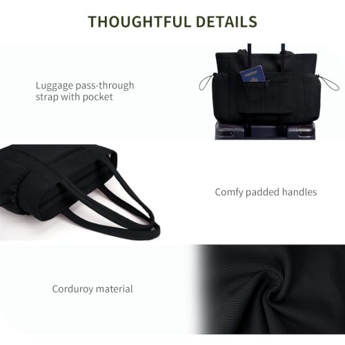 Oversize Work Tote Bag for Women with 40oz Cup Holder Corduroy Laptop Tote Teacher Nurse Bag for Office College Travel Black (Black)