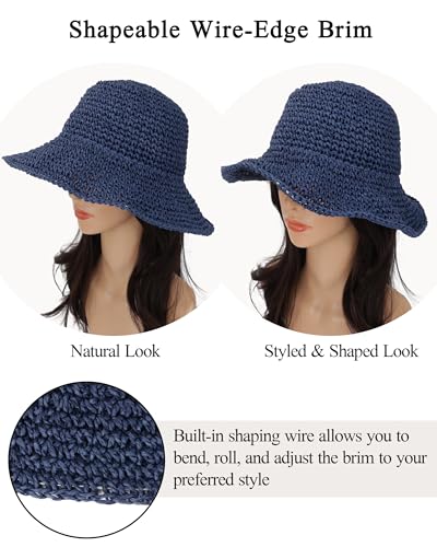 Womens Crochet Straw Sun Hat Foldable Floppy Wide Brim Beach Hat for Summer (One Size / Dark Blue)