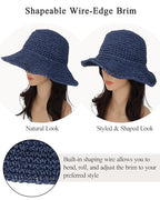 Womens Crochet Straw Sun Hat Foldable Floppy Wide Brim Beach Hat for Summer (One Size / Dark Blue)