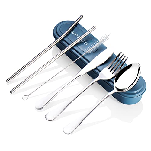 7 Piece Travel Utensils Set with Case and Straws (Blue)