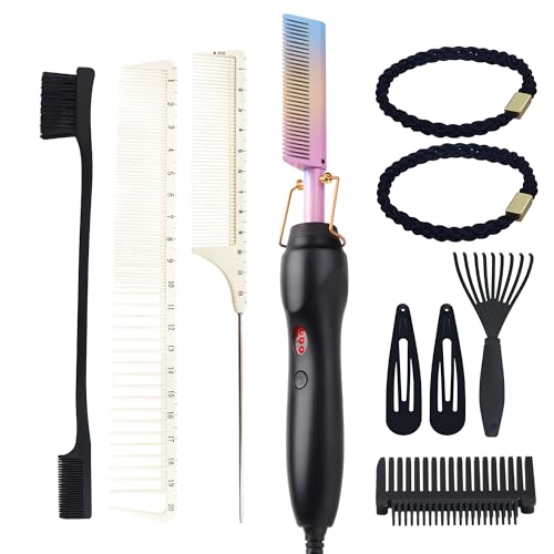 Electric Hot Comb Hair Straightener Heat Pressing Comb Curling Flat Iron Curler Hair Straightener Brush for Natural Black (Multicolored)