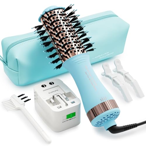 Travel Dual Voltage Hair Dryer Brush and Styler (50mm Oval / Sky Blue&rose Gold)