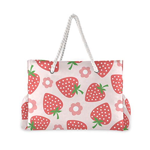 Large Beach Bags Totes Canvas Tote Shoulder Bag Soft Wave Water Resistant Bags for Gym Travel Daily Ocean (Strawberry)