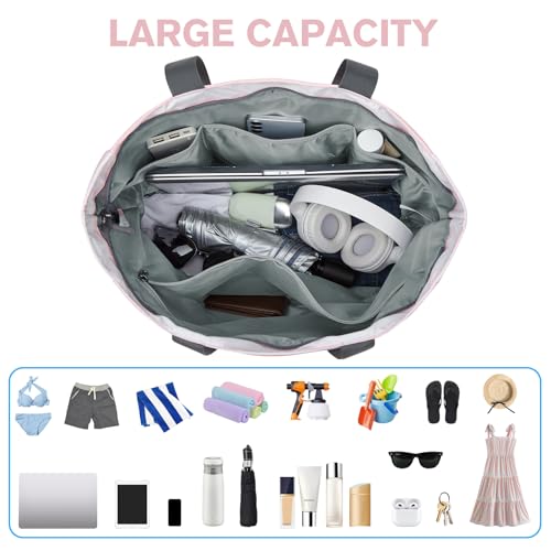 Beach Bag Waterproof Sandproof Large Capacity Foldable for Women (Pink White / 35L)