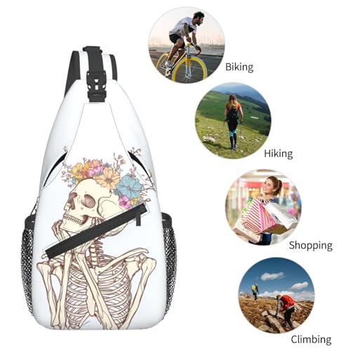 Sling Bag Skeleton Flower Skull Hiking Daypack Crossbody Shoulder Backpack Travel Chest Pack for Men Women (B0154)