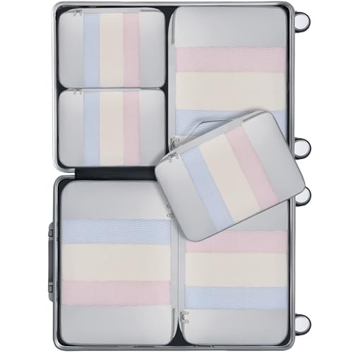 6 Set Packing Cubes Various Sizes Packing Organizer for Travel Accessories Luggage Carry On Suitcase (06-Grey / 6 Set-middle Mesh)