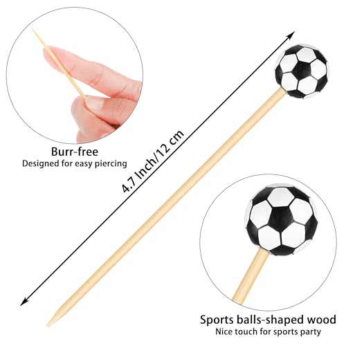 100 Pieces Soccer Decorative Sports Ball End Cocktail Skewers 4.7 Inch Bamboo Cocktail Picks Wooden Decorative Fruit Toothpicks for Appetizers Bar Drinks Fruit Sandwich Buffets Party Supplies (Soccer)