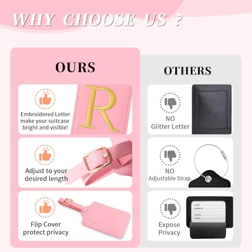 Personalized Initial Luggage Tags for Suitcase (Pink Leather,glod Letter / R)
