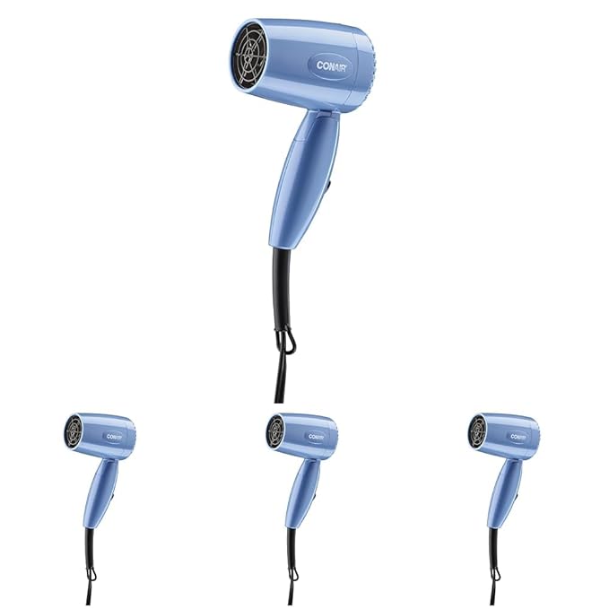 Conair Travel Hair Dryer with Dual Voltage, 1600W Compact Blow Dryer with Folding Handle, Blue (Pack of 4)
