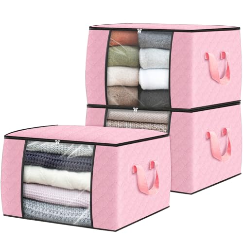 3 Pack Storage Bags for Clothes Blanket Storage Bins with Lids (3 Pack-60l / Pink)