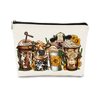 Western Heifer Cow Coffee Drink Cowgirl Cowboy Sunflower Icecream Cup Cactus Ranch Girls Makeup Bag Cosmetic Bag Best Birthday Christmas Gift Idea for Cowgirls Teen Girls Women (J)