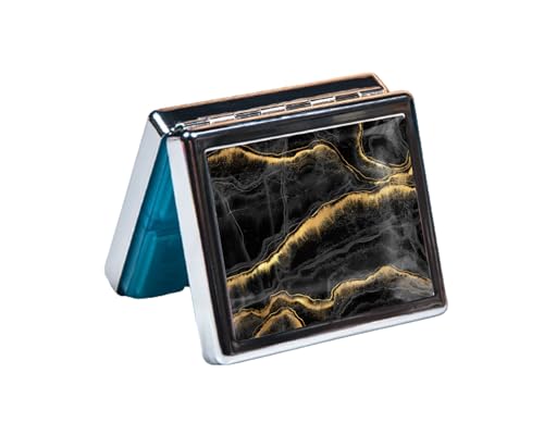 Silver Vintage Pill Box 7 Day Metal Pill Box with Mirror and 8 Compartments Cute Travel Pill Organizer for Purse (Gold and Black Marble)