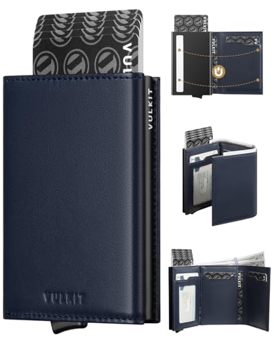 Pop up Card Wallet Minimalist Cash Wallets RFID Blocking Leather Smart Credit Card Holder with ID window for Men (Top-Grain Cowhide Blue)