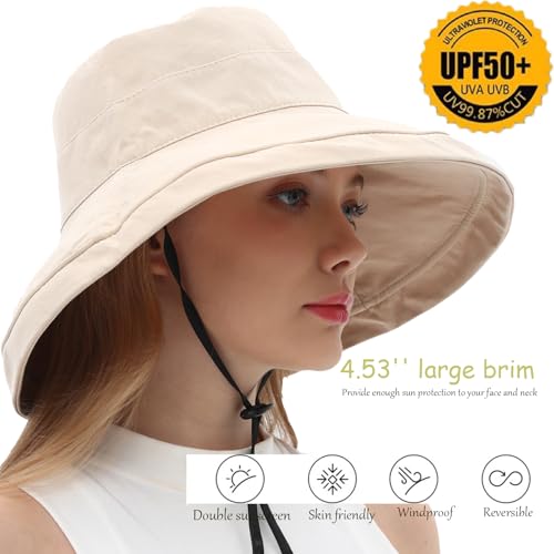 Womens Sun Hats Wide Brim Reversible Bucket Cotton Hat Packable Summer Travel Cap with Hat Clip (Large / Beige1)
