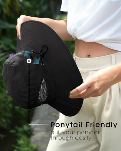 Womens Sun Hat with Ponytail Hole Beach Hiking Summer Wide Brim UPF 50+ Outdoor Protection Foldable Bucket Hat Black (Black)