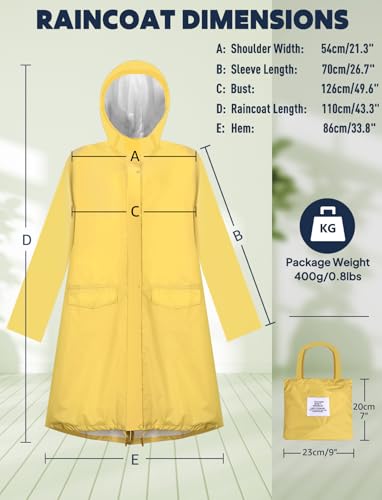Waterproof Rain Poncho for Women Packable Hooded Raincoat with Pocket (Yellow)