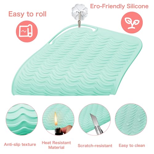 Silicone Heat Resistant Curling Iron Mat Flat Iron Travel Case (Green)