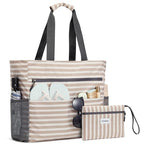 Beach Bag Waterproof Sandproof Large Capacity Foldable for Women (Brown Stripe / 35L)