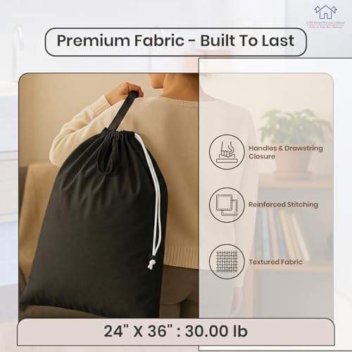 LFH Home Large Premium Cotton Rich Canvas Laundry Bag with Drawstring and Handles Heavy Duty (24”x36” (Pack of 2) / Black)