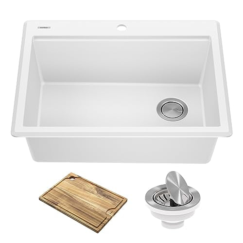 Bellucci 28 inch Granite Workstation Drop In Top Mount Single Bowl Kitchen Sink in White with Accessories (28 Inch / White)