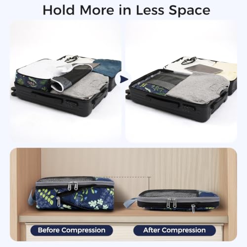 4 Set/6 Set/8 Set Compression Packing Cubes Travel Accessories Expandable Packing Organizers (Half Mesh, 6-Navy Leaf) (6-Navy Leaf / Half Mesh)