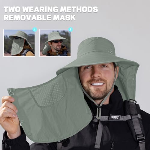 Sun Hat for Men Women with Neck Flap& Removable Face Cover Wide Brim (1pack-green/Arm Sleeves)