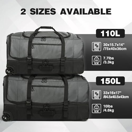 33" Large Rolling Travel Duffle Bag with Wheels and Handle (33" Black/Grey)