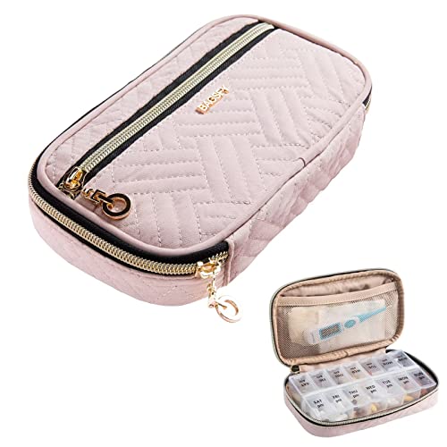 Travel Pill Organizer 2 Times a Day with Cute Fabric Pill Case (Piink / Small)