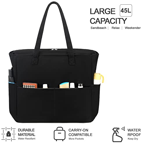 Beach Bag Waterproof Sandproof Women Tote Bag Pool Bag with Zipper for Gym Grocery Travel with Wet Pocket (Black)