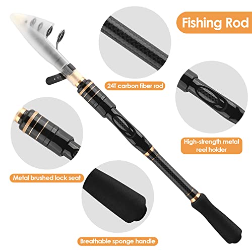 Carbon Fiber Telescopic Fishing Rod Reel Combo with Compact Carrier Bag (Black / 6.89FT-2PACK)