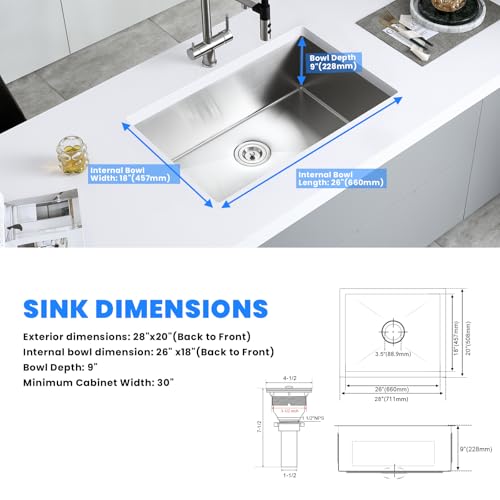 28×20 Inch Undermount Kitchen Sink (L 28"×W 20"×H 9" / Brushed)