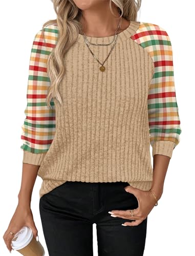 Womens Tops Winter Clothing for Women Long Sleeve Sweaters Fall Clothes Shirts Comfiest Airport Outfits Business Casual Travel Fall Fashion Must Have Plus Size (XX-Large / 08-red Yellow Plaid)