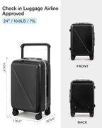 Wide Handle Luggage with Front Pocket Hardshell Aluminium Check In Suitcase with Wheels Medium 24 Inch Front Opening Checked Luggage with Spinner Wheels TSA Lock Airline Approved Luggage (Checked Medium 24 Inch / Black)