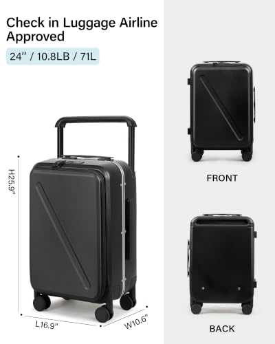 Wide Handle Luggage with Front Pocket Hardshell Aluminium Check In Suitcase with Wheels Medium 24 Inch Front Opening Checked Luggage with Spinner Wheels TSA Lock Airline Approved Luggage (Checked Medium 24 Inch / Black)