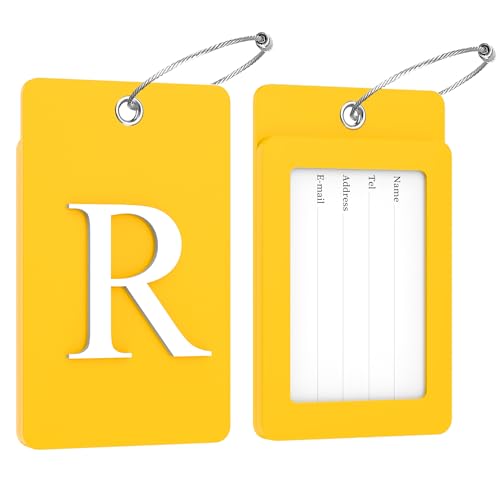 2 Pack Initial Luggage Tags for Suitcases Airplane Travel Essentials (Large R / Yellow)