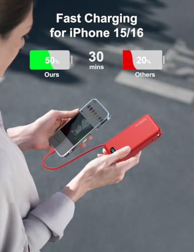 Portable Charger Power Bank 20000mAh with Built in Cables & Wall Plug (Red)