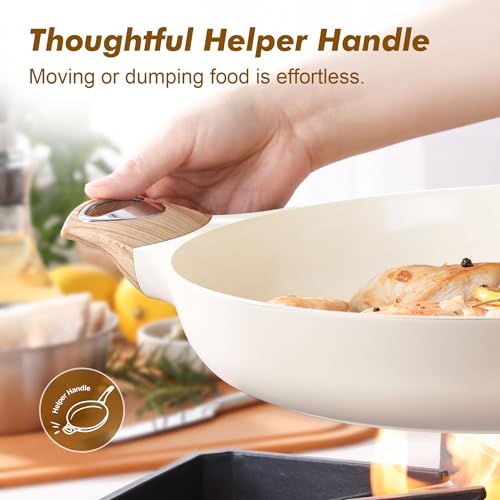 12.5inch Ceramic Nonstick Frying Pan Paella Pan with Lid (12.5 Inch / CREAM White)