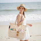 Waterproof Beach Tote Pool Bags for Women Ladies Extra Large Gym Tote Carry On Bag With Wet Compartment for Weekender Travel (A Checked Brown White)