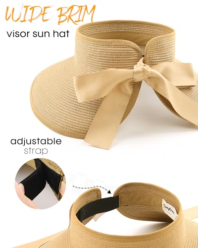 Women's Straw Sun Visor Hat UPF Wide Shade Ponytail Summer Hat (One Size / 01-popular Choice Khaki)