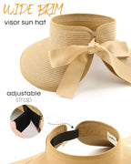 Women's Straw Sun Visor Hat UPF Wide Shade Ponytail Summer Hat (One Size / 01-popular Choice Khaki)
